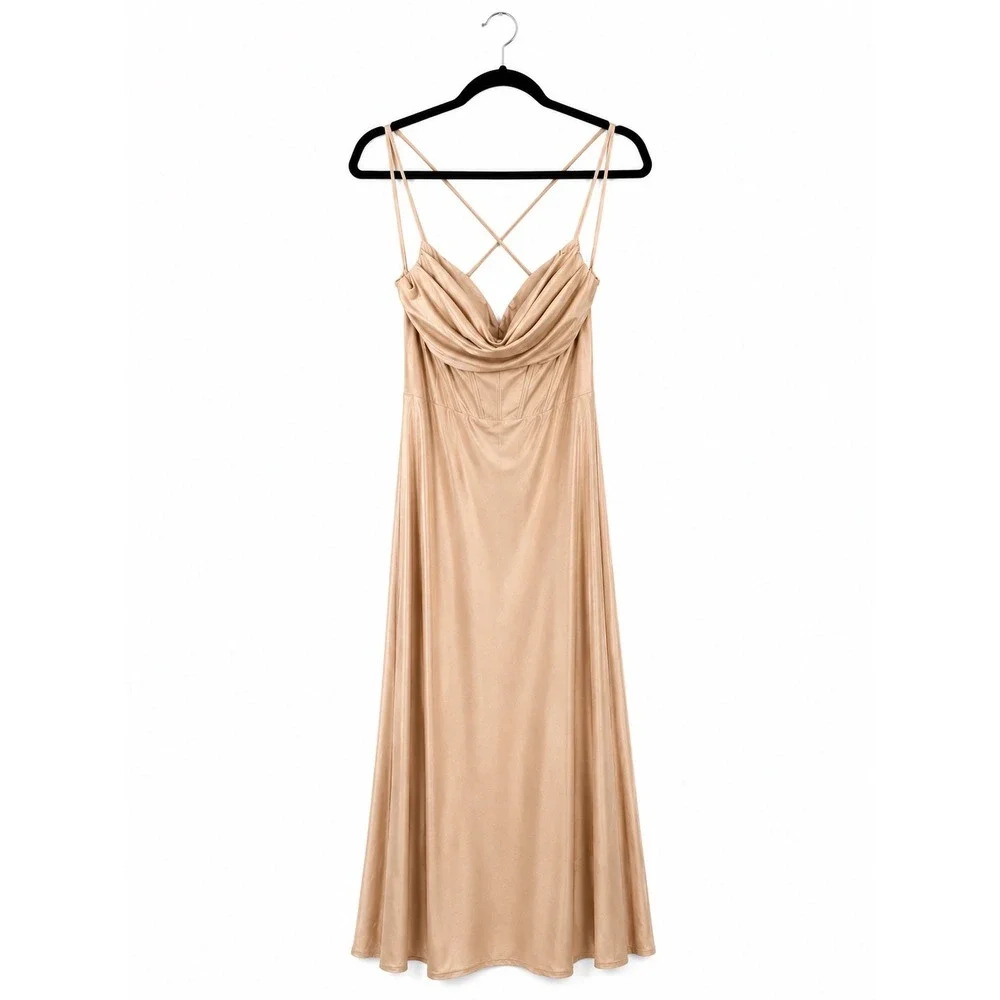 Windsor Champagne Satin Cowl Neck Corset Midi Dress M Cross Back Formal